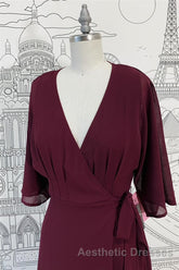 Wrap V Neck Sleeves Chiffon Long Bridesmaid Dresses with Sash